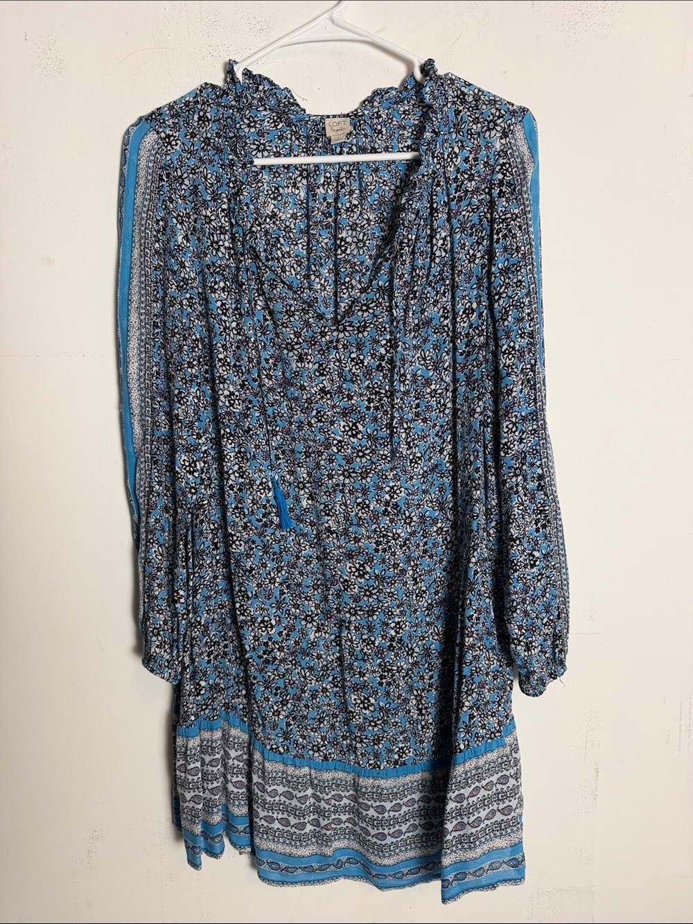LOFT Blue Floral Long Sleeve Peasant Dress
